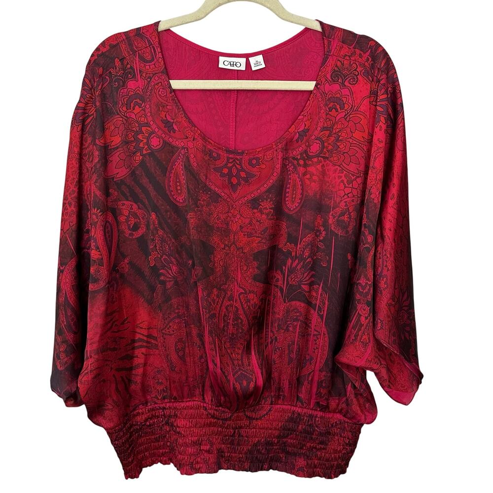 Cato Poncho Blouse Womens XL Red Black Paisley Floral Elastic‎ Waist Bohemian